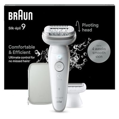 Braun Silk-épil 9 Epilatore Elettrico Donna Con Testina Flessibile, Wet & Dry, Pelle Liscia a Lungo, Con Testina Per Rasoio Elettrico Donna e Cappuccio Rifinitore, 9-041, Bianco/Argento