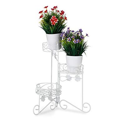 Relaxdays Blomställ metall, 3 våningar, för vikning, dekorativ blomtrappa, vintage, inomhus och utomhus, H: 40 cm, vit