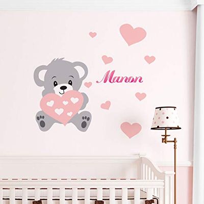 Ambiance Sticker Autocolantes personalizados com nome personalizado, design de urso, decoração de parede para quarto infantil bebé, 2 folhas de 30 x 35 cm e 50 x 30 cm, tom de rosa