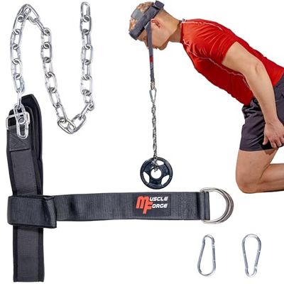 MuscleForge® Hoofdband voor nektraining met ketting en karabijnhaak, nektrainer, halshoofdharnas voor box en MMA, nekharnas, hoofdcup voor nektraining bij gewichtheffen en worstelen