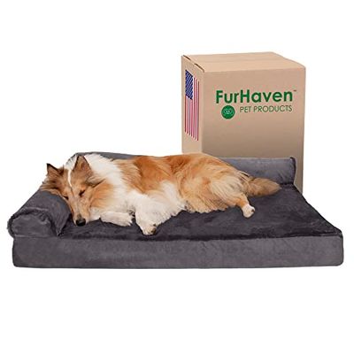 FurHaven Lit pour Chien de Grande Taille avec traversins Amovibles et Housse Lavable, pour Chiens jusqu'à 43 kg – Chaise en Peluche et Velours en Forme de L – Gris Platine – Taille Jumbo/XL