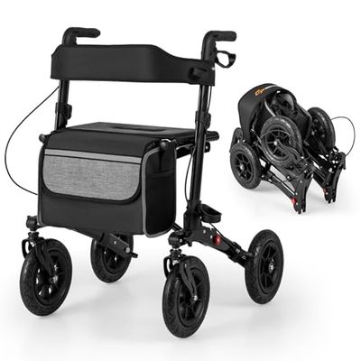 FANTASK 2-in-1 rolstoel & reisrollator, zwarte reisrollator met hoogteverstelsysteem, rollator van aluminium met opvouwbaar design, rolstoel met tas en stokhouder