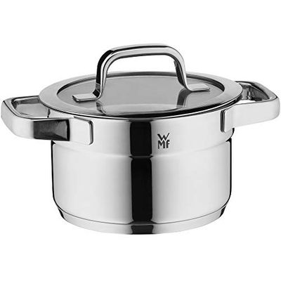 WMF Petit faitout compact 16,5 cm, couvercle en verre, marmite induction, 2 l, acier inoxydable Cromargan poli, graduation intérieure, empilable, non revêtue