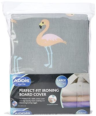 Addis Grande - Cobertura de tábua de passar de substituição Prefect Fit, até 135 x 46 cm, padrão de flamenco prateado, algodão, prata, 5 x 24 x 30 cm