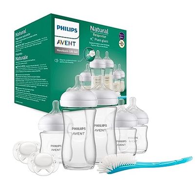 Philips Avent Natural Response glaspresentförpackning för nyfödd – 3 x 120 och 2 x 240 ml nappflaskor, 2 x Philips Avent ultra soft-napp 0–6 månader, flaskborste, BPA-fri (modell SCD879/11)