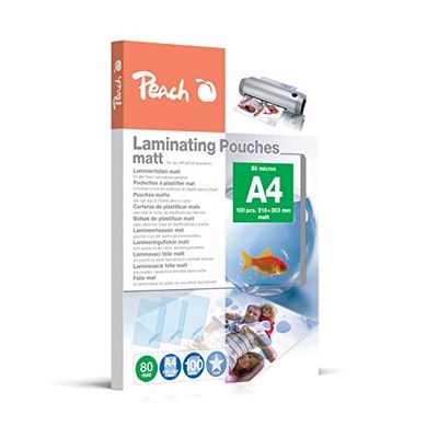 Peach S-PP580-22 - Láminas para plastificar (A4, 80 micras, 100 bolsas, mate, se puede escribir, calidad premium para mejores resultados de laminación, compatible con dispositivos de todas las marcas