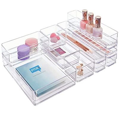 STORi SimpleSort Lot de 10 organiseurs de tiroirs empilables transparents | Plateaux de tailles multiples | Bacs de rangement pour maquillage et séparateurs de tiroir de bureau | Fabriqué aux