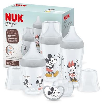 NUK Perfect Match Zestaw butelek dla niemowląt, 0-6+ miesięcy, pasuje do podniebienia dziecka, 3 butelki antykolkowe i smoczek Space, bez BPA, Disney Myszka Miki, 4 szt