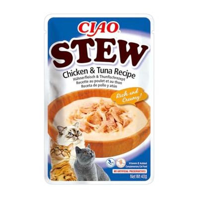 INABA Ciao - Stew Poulet & Thon - Recipe Friandise pour Chat Humide - Délicieuse et Saine - Sauce - Plat d'accompagnement - Complément Naturel et sans Céréales - Pâtée pour Chat - 1 x 40g