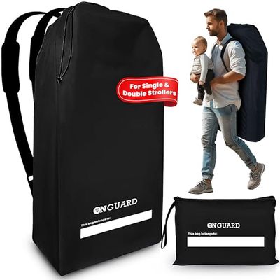 ONGUARD Double Stroller Bag for Airplane | Stroller Cover | Gate Check Stroller Bag | Baby Airplane Travel Accessories | Waterproof Rip Resistant Polyester Compact Backpack | Black