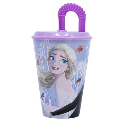Stor Frozen - Bicchiere per bambini, riutilizzabile, con coperchio e cannuccia, 430 ml