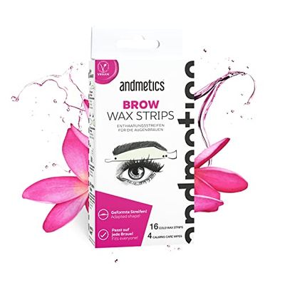 Andmetics Brow Wax Strips Women – Patented Eyebrow 16 Cold Wax and 4 Calming Care wipes