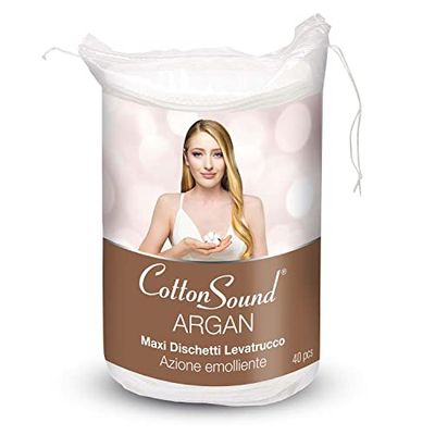 COTTON SOUND Argan Maxi Makeup Sheets 40 Pieces 100% Cotton with Argan Micro Capsules Soothing Smooth Side and Embossed Side Made in Italy