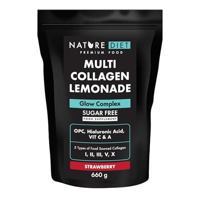 Nature Diet Multi Collagène Limonade | Fraise | 5 Types de Collagène | 660g | Approvisionnement de 60 Jours | Sans Sucre | Complexe Éclat avec Acide Hyaluronique, Vitamines C et A