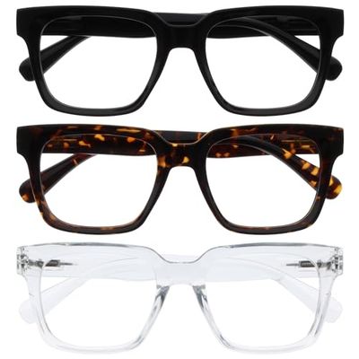 OPULIZERA Blue Light Blocking Reading Glasses - Anti-Reflective Anti-Glare - 3 Pack Readers - UV400 Protection - Oversized Frame - Computer Screen Glasses - Black Brown Clear - Men Women - +3.50