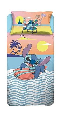 Stitch - Juego de sábanas para Cama Individual Disney, sábana encimera, sábana Bajera Ajustable, Funda de Almohada, Azul, Disney, 100% algodón, Producto Oficial