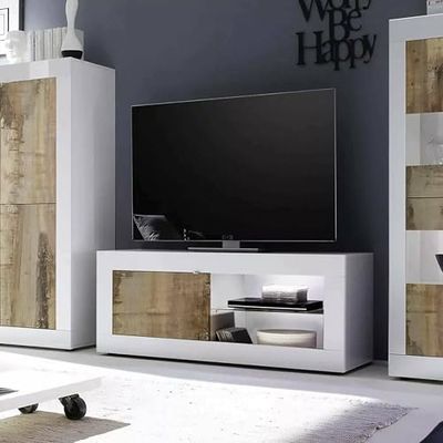 Dmora - Meuble TV Lesina, Buffet de Salon, Armoire Basse pour TV, Base Murale de Rangement, Made in Italy, 140x43 h56 cm, Blanc et Acacia