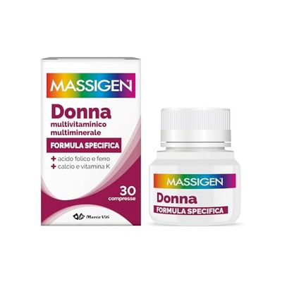 Massigen - Donna, Integratore Multivitaminico e Multiminerale, Riduce Stanchezza e Affaticamento, con Acido Folico e Ferro, 30 Compresse