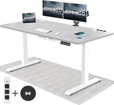 JUMMICO In hoogte verstelbaar bureau met draadloos laadstation en eurostopcontact met USB, 140 x 70 cm, in hoogte verstelbaar, elektrische statafel met wielen, grijs
