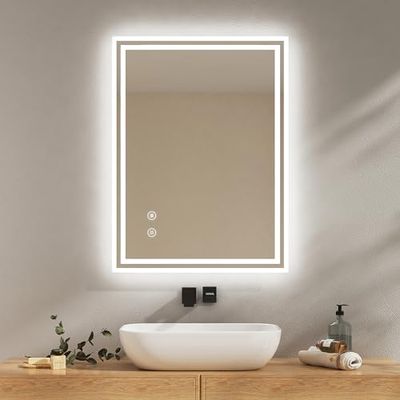 EMKE Specchio Bagno con Illuminazione 80x60 cm, Anti-appannamento, Interruttore Touch, Specchio Bagno Bianco Freddo Dimmerabile, Funzione Memoria, Spegnimento Automatico dopo 3 ore, Specchio LED