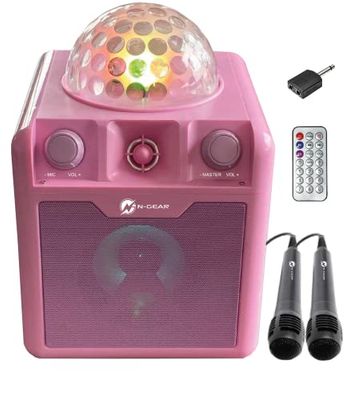 N-Gear Disco410 - Altoparlante Bluetooth Karaoke & Party con sfera da discoteca, microfono e funzione Power Bank, colore: Rosa