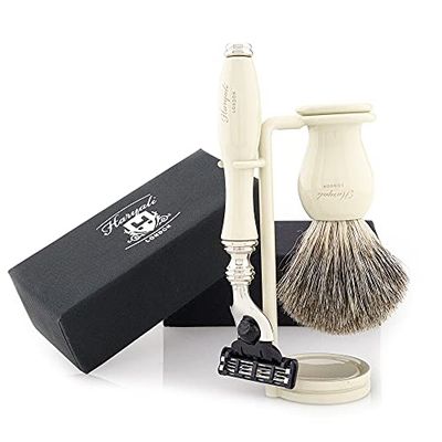 Haryali London Mens Shaving Kit 3 Edge Razor with Pure Badger Hair Shaving Brush and Stand Perfect Grooming Set for Men