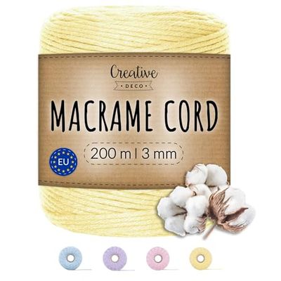 Creative Deco Pastellgul Makramesnöre | Bomull-Polyester String | 200 m | 2-3mm tjocklek | Stort Rep Tjockt och Starkt | Perfekt för Gåvor Inslagsdekoration DIY Konst och Hantverk