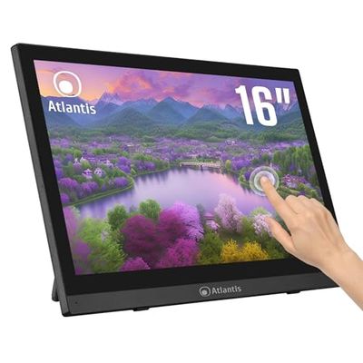Atlantis A05-T16A-VHM Moniteur tactile 16 pouces, 10 écrans tactiles, Full HD 1920x1080, HDMI VGA, inclinable 15°-50°, verre de protection 7H, contraste 800:1, angle 170/170, Vesa 75