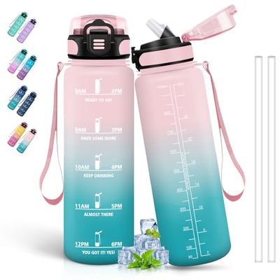 Drinkfles, 1 liter, motiverende waterfles, lekvrij, drinkfles met rietje voor volwassenen, drinkfles met tijdschema's voor drinken, fietsen, sport, kamperen, wandelen, roze-groen