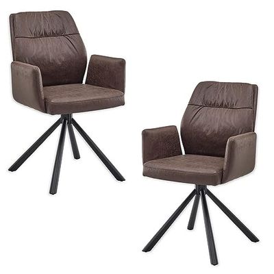 Stella Trading Mara Eetkamerstoelen, set van 2 stuks, met zwart metalen frame en microvezel overtrek, bruin, comfortabele stoelen voor eetkamer en woonkamer, 57 x 91 x 62 cm