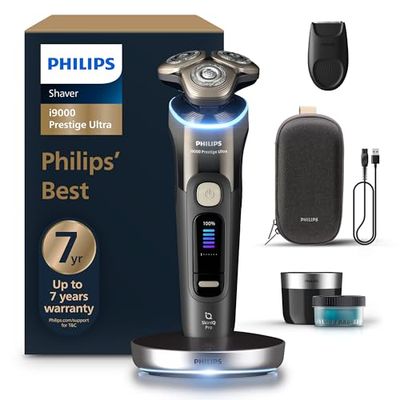 Philips Shaver i9000 Prestige Ultra, Wet & Dry Electric Shaver, Black, with Skin IQ Pro Technology, Triple Lift & Cut System, 360 Rotating NanoTech Precision Blades, 5 Shaving Modes, Model XP9405/31