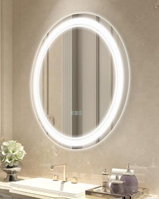 VEVOR Espejo de Tocador Redondo LED con Iluminación Frontal y Retroiluminada, con Memoria y Luces, Espejo de Baño con Temperatura Regulable de 3 Colores sin Niveles, Montado en la Pared, 600 x 21,6 mm