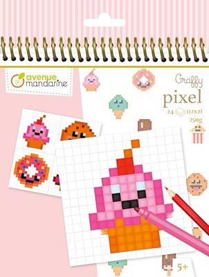 Clairefontaine ES Avenue Mandarine GY099C – Un cuaderno de espiral Graffy Pixel 24 páginas para colorear (12 modelos x 2 – 24 hojas cuadriculadas en blanco) 250 g Gourmandises Kawaï