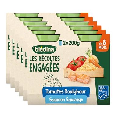 Blédina Les Récoltes Engagées - Tomates, Boulghour et Saumon Sauvage - 12 pots pour bébés dès 8 mois - Lot de 12 pots de 200g