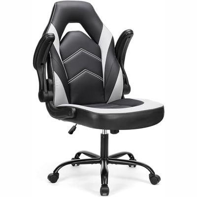 DUMOS Gamingstoel, ergonomische gamingstoel, verstelbare draaibare gamingstoel van PU-leer met inklapbare armleuningen, geschikt voor thuis, kantoor, enz., zwart-wit