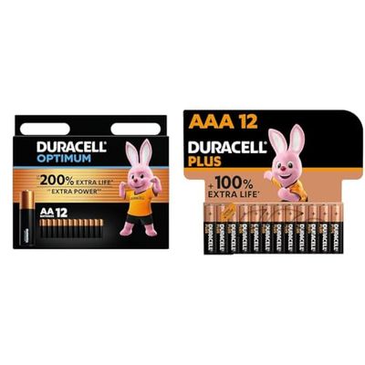 Duracell Batterie Optimum AA(pacco da12)-Alcaline da 1.5V -Fino al 200% di extra durata & Batterie Plus AAA (pacco da 12) - Alcalina 1.5V - Fino al 100% di extra durata