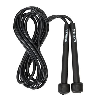 TREXO Básica Comba de Saltar Fitness en negro con longitud ajustable hasta 275 cm, cuerda de saltar ajustable, ideal para el entrenamiento, de PVC y PP con asas ajustables, ligera y cómoda