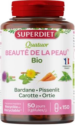 SUPERDIET - QUATUOR BEAUTÉ DE LA PEAU BIO - Bardane, Ortie, Pissenlit, Carotte -Phytothérapie -Fabrication Française - 150 gélules