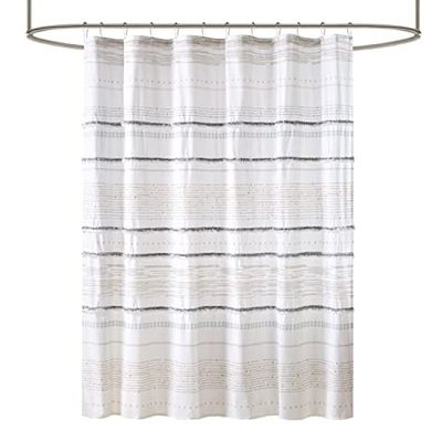 INK+IVY NEA 100% cotone tenda da doccia con nappe boho, stampa a righe, lavabile in lavatrice, arredamento moderno per la casa, bagno vasca da bagno, schermo privacy, 183,9 x 183,9 cm, bianco/grigio
