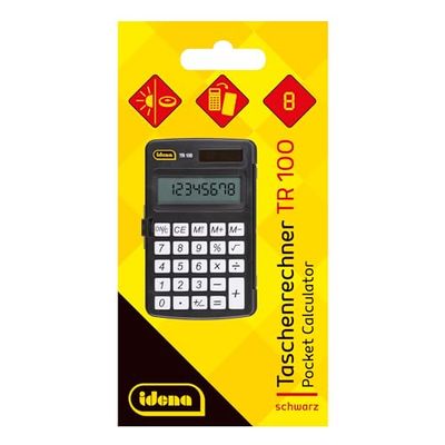 Idena 11094 - Calculadora de bolsillo TR100 con funda protectora, alimentación solar incl. pila, calculadora de oficina en negro con pantalla de 8 dígitos, aprox. 7,3 x 11,7 x 1 cm