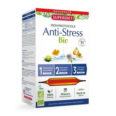 SUPERDIET-PROTOCOLE ANTI-STRESS BIO-3 phases : Résistance au stress, Sommeil paisible, Tonus & Énergie - 30 ampoules de 15 ml