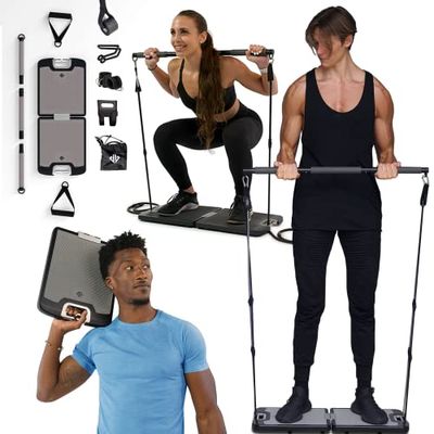 EVO Gym - Bärbar styrketräningsutrustning för hemmagym | allt i ett gym - 10 motståndsband, bashållare gymbar och handtag för resor | bärbar gym- och hemträningsutrustning | 145 kg