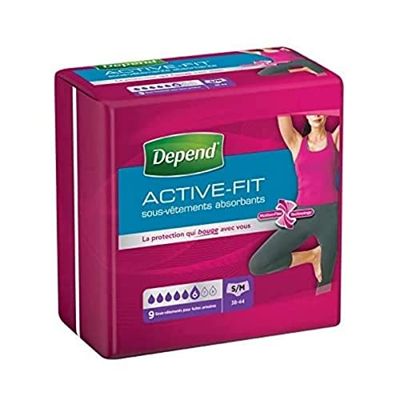 Depend Active Fit - Biancheria intima da donna, 6 gocce per perdite urinarie/incontinenza x 9 mutandine, taglia S/M