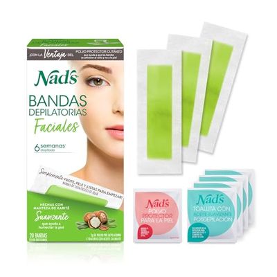 Nad's Strisce di cera per il viso, ipoallergeniche, depilazione facciale, per le donne, kit di depilazione a casa, con 20 strisce di cera + 4 salviettine lenitive all'olio + polvere protettiva per la