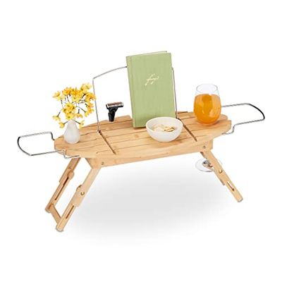 Relaxdays Vassoio per Vasca da Bagno, bambù, Regolabile 69-90 cm, con Leggio e Gambe Pieghevoli, Mensola, Naturale, Acciaio Inox, 5,5 x 69 x 23,5 cm