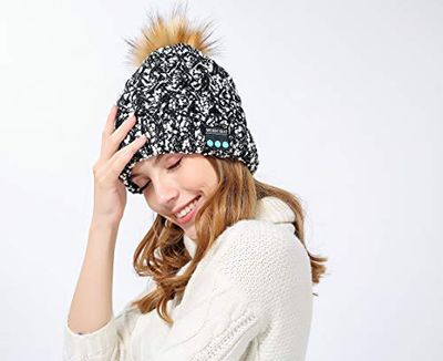 Bluetooth muts met pompon voor Samsung Galaxy J4+ smartphone met geïntegreerde hoofdtelefoons, verstelbaar, universele toetsen, voor de winter (grijs)