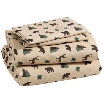 How Plumb Aubrie Home Accents Cozy Cabin 4-delige kingsize microvezel beddengoed lakenset met diepe zakken, rustiek patchwork geruite hert, bruin bruin bruin groen