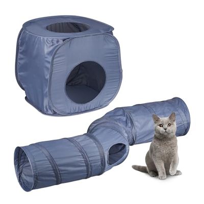 Relaxdays Tunnel de Jeu avec Grotte, pour Chat, Pliable, 2-en 1, système Pop-up, 4 Sorties, Niche, Petits Animaux, Gris