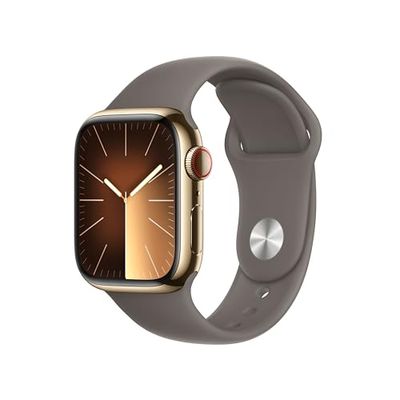 Apple Watch Series 9 (GPS + Cellular) - Caja de Acero Inoxidable en Oro de 41 mm - Correa Deportiva Color Arcilla - Talla M/L