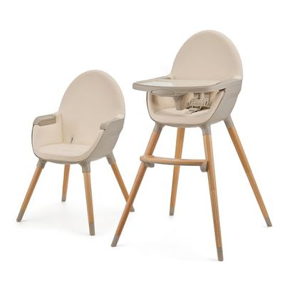 Kinderkraft FINI 2 Hög barnstol 2-i-1, hög barnmatstol, barnstol, kombistol, träben, sele, fotstöd, dubbelbricka, från 6 månader till 5 år, 5-punktssele, Beige